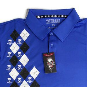 NEW Tattoo Golf Men's XL Blue Argyle Skull Short Sleeve Polo Shirt Monster